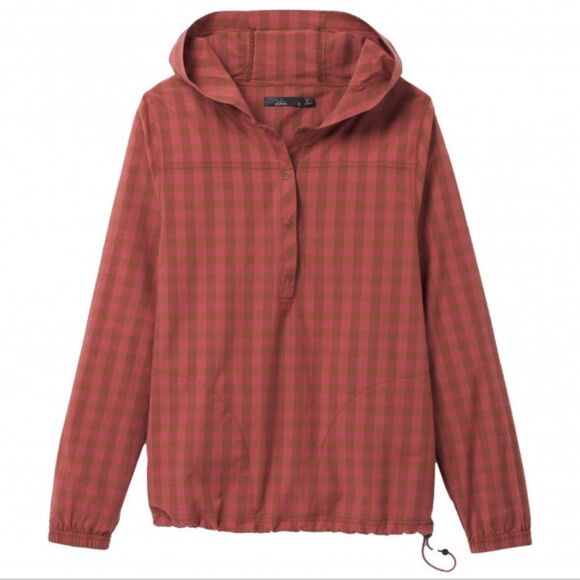 🔸️Prana Maroon Pollino Checker Buttoned Hooded Long Sleeve Top Large - Picture 2 of 12